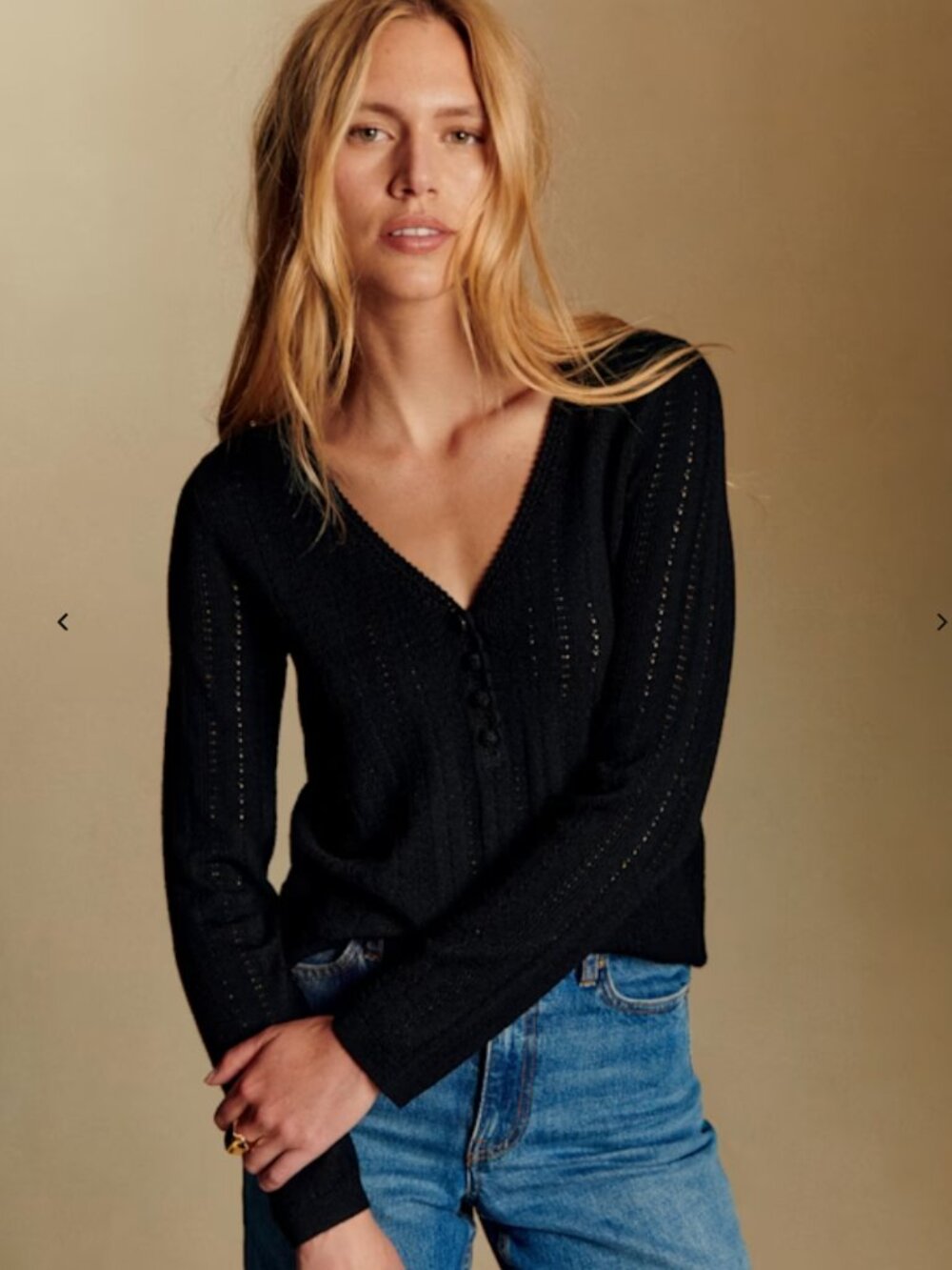 Sézane Tess Jumper XS Black Noir V-Neck Crocheted Sweater